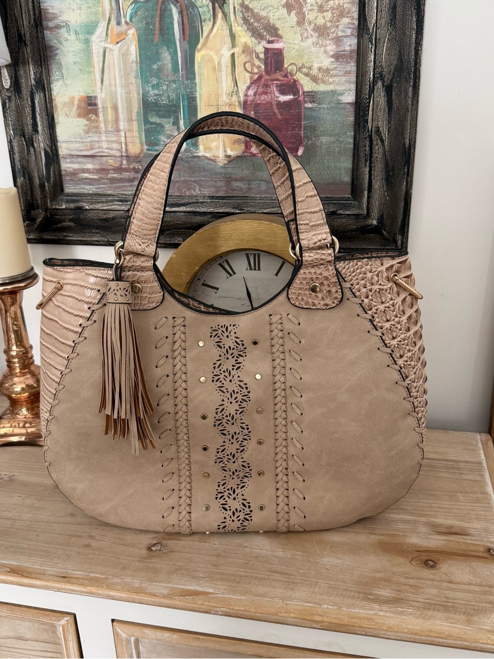 Beige/Tan Tassel Hobo Tote